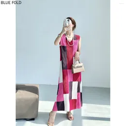 Casual Dresses Miyake Pleated Summer Fashion Plaid Print Sleeveless Dress Elegant High-end Long For Women PLEATS Vestidos Robe Femme