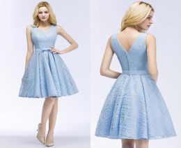 2018 New Designer Light Sky Blue Short Lace Cocktail Dresses Cheap V Neck Knee Length Homecoming Dresses CPS9166925176