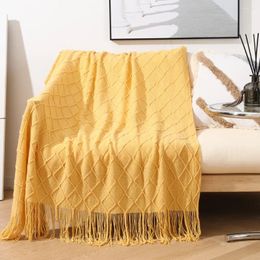 Blankets 2024 Faux Cashmere Sofa Blanket Cover Nordic Style Knit Plaid Throw Tassels Bedspread Golden For Spring Summer