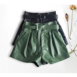 Shorts Women Harajuku Genuine Leather Bud Pleated Falbala Shorts With Belt Femme High Waist Hhaki/Green Casual Mujer Sexy Booty Shorts