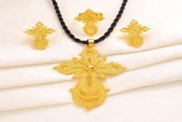 Ethiopian gold jewelry sets 24k Big Coin Pendant Necklace Earring Ring Dubai gifts for women African Eritrea wedding bridal set1390529