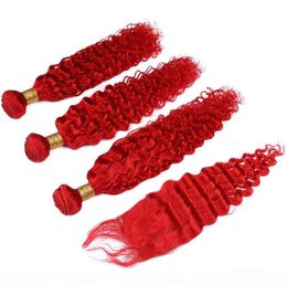 Cheap Malaysian Bright Red Human Hair Bundles Deep Wave with Closure Coloured Red Deep Wavy 4x4 Front Lace Closure with Weaves 4Pcs3070745