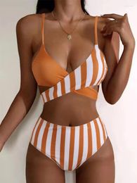 Women's Swimwear 2024 Sexy Criss Cross Bikini High Waist Swimsuit Female Striped Print Set Two Pieces Bathing Suit Beachwear Swim Lady