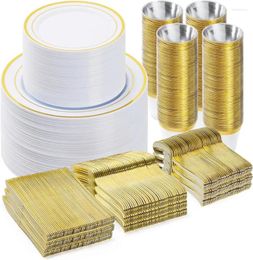 Disposable Dinnerware 600PCS Plastic Set (100 Guests) Gold Plates For Party Wedding Anniversary Includes Dinner