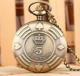 Retro Macau Casino Chip Money Poker Design Quartz Pocket Watch Copper Nostalgia Fob Necklace Chain Souvenir Gifts for Men Women6542384