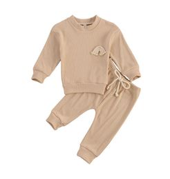 Toddler Baby Girl Boy Clothes Autumn Solid Set Rainbow Embroidery Long Sleeve Oneck Tops PulloversPants 2PCS Outfit8631856