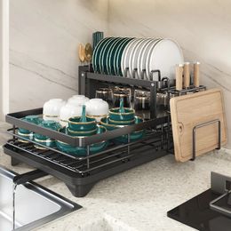 Kitchen Organiser Dish Drying Rack Bowls Knife Fork Pot Lid Utensils Storage Rack Kitchen Counter Tableware Drainboard 240407