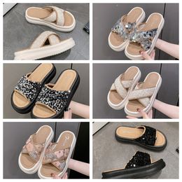 2024 New top Luxury Thick soled cross strap cool slippers women white Exquisite sequin sponge cake sole one line trendy slippers