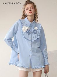 Women's Blouses Sweet Cute 3D Flower Embroidered Blouse Women Commute Style Fashion Elegant Wooden Ear Loose Lapels Pure Color All-Match