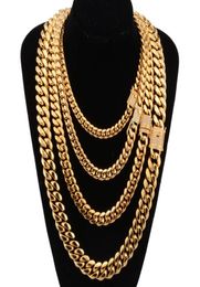 818mm wide Stainless Steel Cuban Miami Chains Necklaces CZ Zircon Box Lock Big Heavy Gold Chain for Men Hip Hop Rock jewelry7107611
