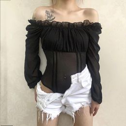 Women's T Shirts European And American-Style Stitching Long Sleeve T-shirt Triangle Jumpsuit Mesh