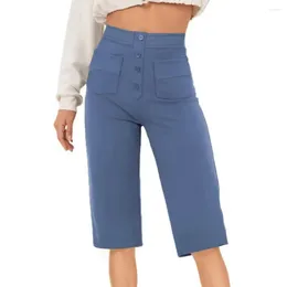 Women's Pants Cropped Trousers High Waist Button Decor Straight Leg Shorts With Multiple Pockets For Women Stretchy Work