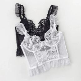 French Women's Sexy Thin Bra Lace Bow's Vest Transparent Lingerie Shoulder Strap Perspective Sexy Female Bras Underwear Top