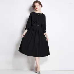 Casual Dresses Black Elegant Dress Female Batwing Sleeve High Waist Show Thin Women O Neck Long With Belt 24011