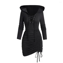 Casual Dresses Full Sleeve Lace Up Hooded Dress Sexy Mini Slim Robe Plain Color Cinched Ruched Bodycon Short Vestido Feminino