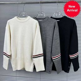 Direct Tb Medium Length Contrasting Color Double Sleeved Red White Blue Striped Wool Knitted Round Neck Pullover for Womens Sweater