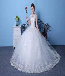 Cheap Customizable White Wedding Dress 2018 Korean Style Lace V Neck Vintage Bridal Gowns Discount Dresses vestido de noiva3363352