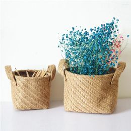 Laundry Bags Handmade Straw Woven Storage Basket With Lid Snack Organiser Box Baskets Rattan Flower Baske