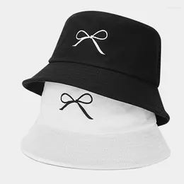 Berets Korean Fashion Bow Embroideried Fisherman Hat Women Art Simplicity Versatile Basin Outdoor Leisure Sunscreen Bucket Hats