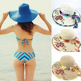 Berets Flower Sun Protection Brimmed Beach Hat Summer Female Bow Ribbon Panama Women Chapeu Straw