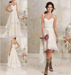 2019 New Sexy Two Pieces Wedding Dresses Spaghetti Lace A Line Bridal Gowns With HiLo Short Detachable Skirt Country Bohemian Wed1672441