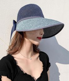 New Arrival Women Ladies Summer Large Wide Brim Sun Hat Foldable Roll Up Bowknot Decor Beach Visor Cap Outdoor Travel Cap6483467