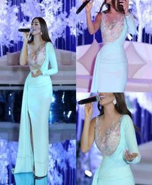 Elegant Mint Green One Shoulder Mermaid Evening Dresses Sparkly Appliqued Prom Dress Side Slit Long Formal Party Gowns5459062