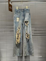 Women's Jeans Loose High Waisted Slimming Contrasting Colors Large Holes Straight Leg Pants A Of The Back Pocket