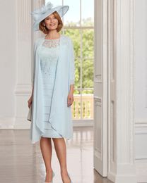 Light blue Mother Of The Bride Dresses with long jacket bateau neck lace appliqued Wedding Guest wear knee Length pleats Plus Size Formal mother Outfit