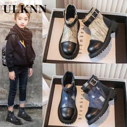 Boots Girl Students Blue Children Fund 2024 Autumn Fashion Short Chimneys Single For Kids Beige Size 26-36