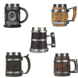 Mugs 600ml Viking Wood Style Beer Mug Norse Mythology 3D Resin Stainless Steel Coffee Cup Metal Jug Thermal