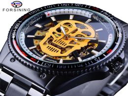 Forsining Steampunk Golden Luminous Skull Black Stainless Steel Skeleton Open Work Mens Automatic Watches Top Brand Clock2090463