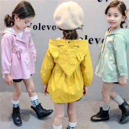 Jackets Girls' Spring And Autumn Windbreaker Bow Hooded Embroidery Korean Edition Solid Sweet Coat