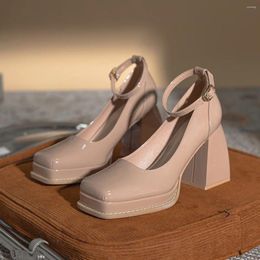 Casual Shoes Concise Fashion Elegant Woman Heeled Buckle Strap High Heels Zapatos Mujer Square Toe Chunky Sexy Chaussures Femme