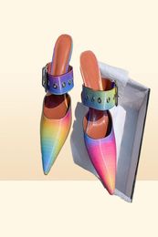 Woman Sandals Ladies Pointed Toe Buckle Strap Fashion Shoes Thin High Heels Metal Decoration Rainbow Female Mules Summer8276177