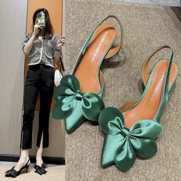 Korean Edition Large Size Pointed Single Shoes Womens Bow Tie Thin Heel Back Strap Sandals Fashion Banquet High Heels 240402