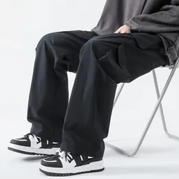 Men's Pants Multi-pocket Design Trousers Elastic Drawstring Cargo With Pockets Solid Colour Straight Leg For Streetwear