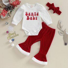 Trousers Cute Christmas Newborn Baby Girls Clothes Set Fall Fashion Letter Print Long Puff Sleeve Romper Velvet Flare Pants Headband Set