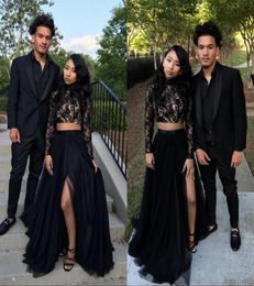 New Black Lace Long Sleeve Two Piece Prom Dresses Side Split A Line High Neck Evening Dress Simple African Formal Evening Gowns5992908