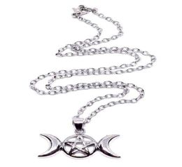 Triple Moon Wiccan Pentacle Necklace Pendant Vintage Silver Alloy Gothic Collares Statement Necklace Women Fashion Jewellery Goddess6203144