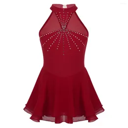 Stage Wear Kids Girls Figure Skating Dress Sleeveless Shiny Rhinestones Mesh Splice Gymnastics Ballet Dance Leotard Performance Dancewear