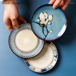 Plates European Ceramic Cutlery Household Dishes Retro Kiln Glaze Porcelain Plate Handmade Dinner Kitchen Accessories