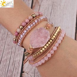 CSJA Natural Stone Bracelet Pink Quartz Leather Wrap Bracelets for Women Rose Gems Crystal Beads Bohemia Jewellery 5 Strand S308 240410