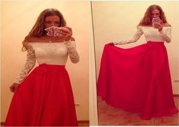 White and Red Off The Shoulder Prom Dress Long Sleeve Floor Length Sexy Lace Chiffon Evening Gowns Party Dress With Sleeves7752211