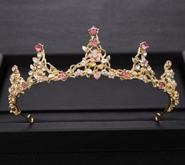 Trendy Pink Crystal Princess Crown Gold Wedding tiara Bridal Diadem Rhinestone Hair Jewelry Headpiece Wedding Hair Accessories80882204643