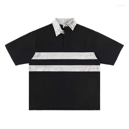 Men's Casual Shirts GRAILZ Black Striped Vintage Colour Block Shirt 24ss G/R 1:1 Ripped Flip Collar Mens Womens Short Sleeve