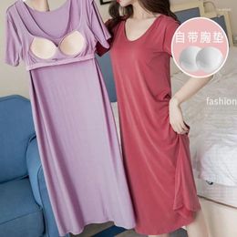 Women's Sleepwear Woman Bra Pad Nightdress Summertime Short Sleeve Solid Color Over The Knee Loungewear Can Be Worn Outside No Underwear