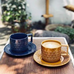 Cups Saucers High Temperature Ceramic Underglaze Colour Caramel Edo Blue Embossed Flower Coffee Cup/Plate