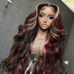 Red Black Highlight 13X4 Synthetic Wigs for Women Pre Plucked Hairline with Baby Hair Body Wave Lace Front Wig