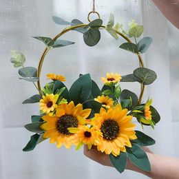 Decorative Flowers Garland Wreath Wall Hanging Metal Ring Iron Wrought Sunflower Decoration Home Decor Simulation